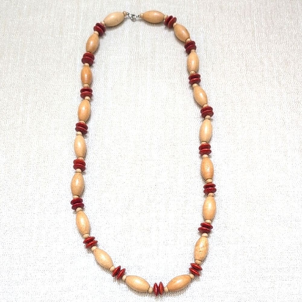 Vintage Red and Tan Wood Beaded Folk Art 31" Necklace